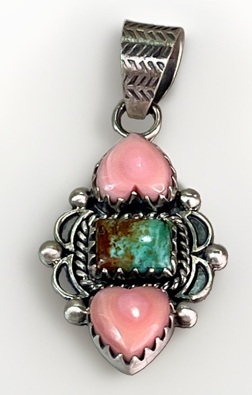Pink Conch Heart Kingman Turquoise 3 Stone Sterling Silver Statement Pendant
